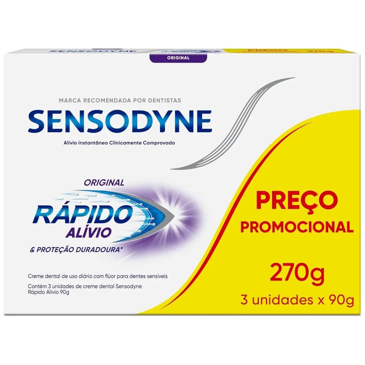 Sensodyne Creme Dental para Sensibilidade Rápido Alívio e Proteção Duradoura com Flúor, Leve 3 e Pague 2, Alívio Instantâneo, 90g cada