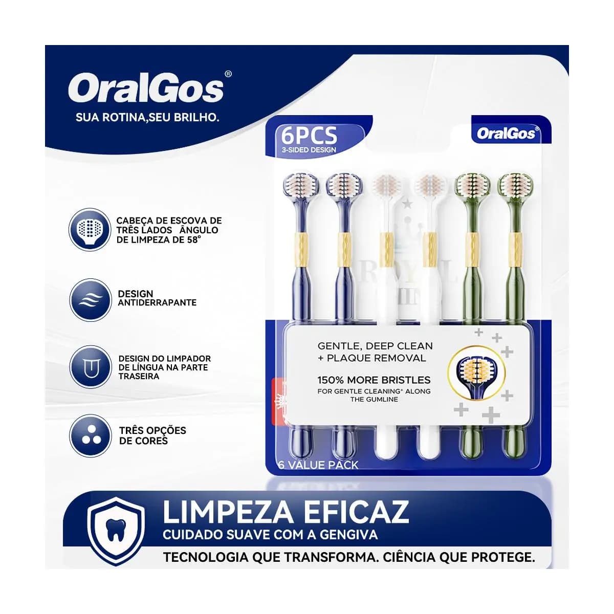 OralGos Escova Dental 3 Lados, Limpeza Profunda, Cerdas Macias, Para Gengivas Sensíveis