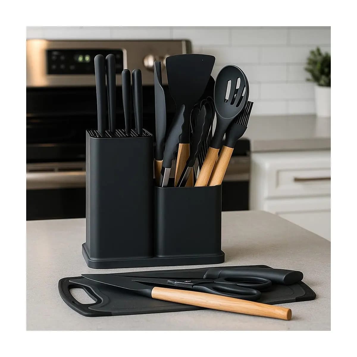 Kit Cozinha 19 Peças Silicone Antiaderente Facas Inox Madeira com Suporte