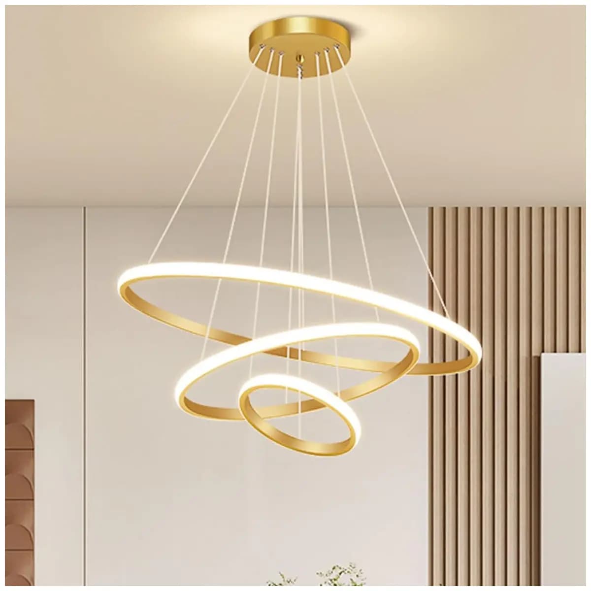 Luminária Pendente LED Moderna 3 Anéis 72W, Redonda Embutida, Regulável, 3 Cores de Luz (3000K/4000K/6000K), Altura Ajustável, Design Luxuoso para Sala, Quarto ou Escritório (Dourado)