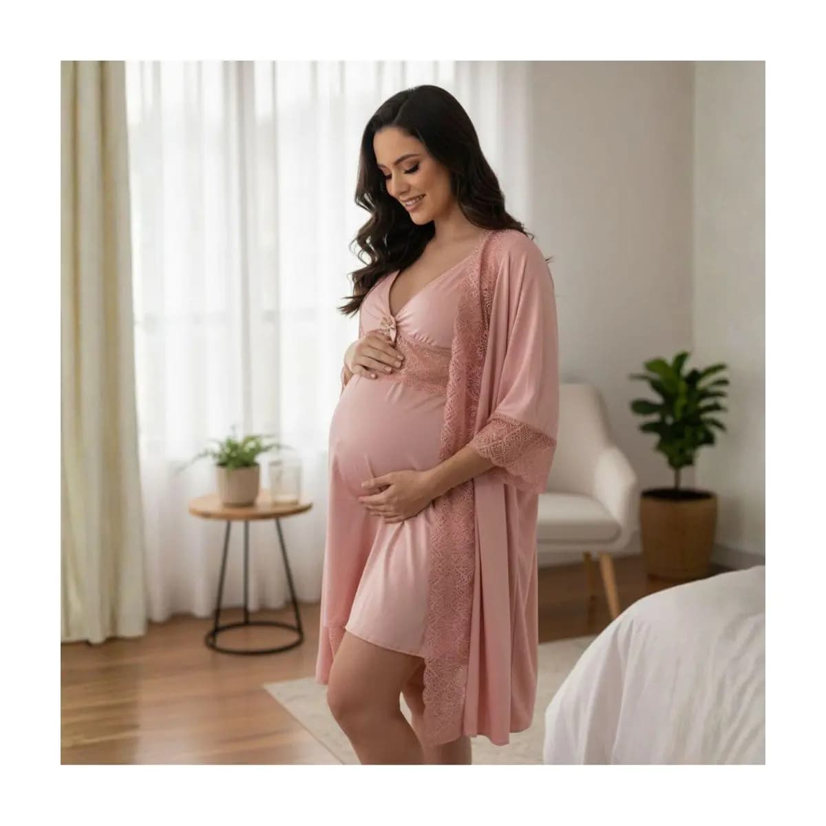 KIT Camisola Amamentação Maternidade e Pós Parto + Robe em Microfibra com Renda.