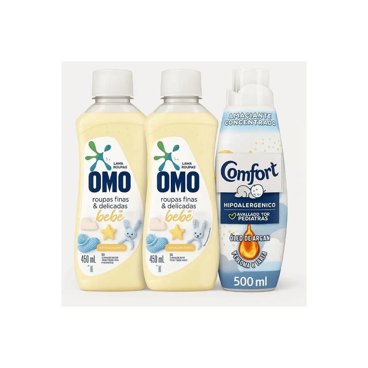 Kit 3 Unidades OMO Bebê 450ml 2un + Comfort Puro Cuidado 1uni 500ml — Hipoalergênico, Delicado e Aprovado por Pediatras