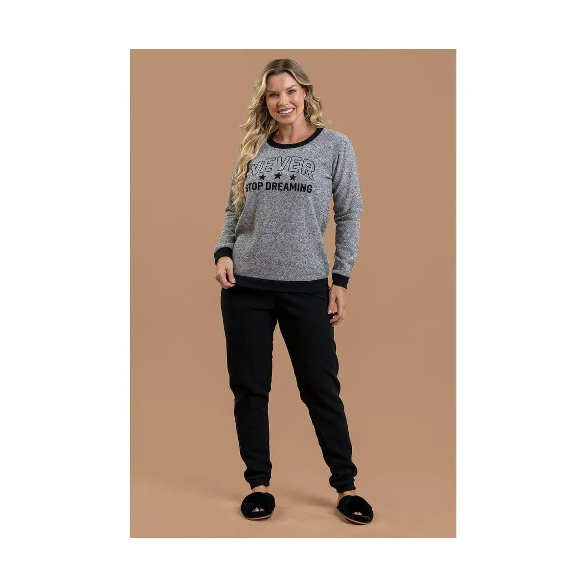 Pijama Longo Feminino Inverno Adulto Peluciado Soft Never Stop Dreaming