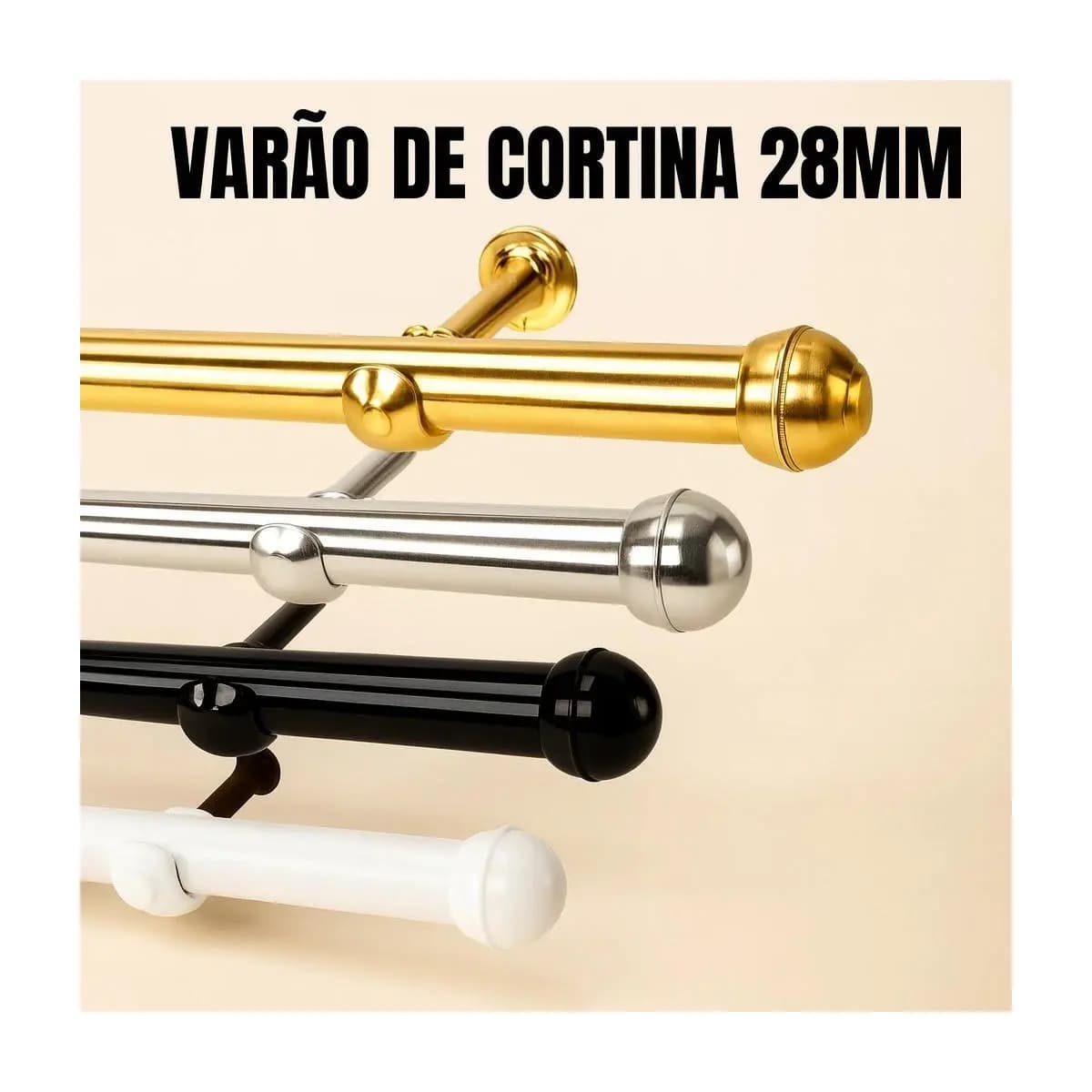Varão de Aço Para Cortina Simples 28mm GROSSO com Ponteira e Suporte - Aço Ferro