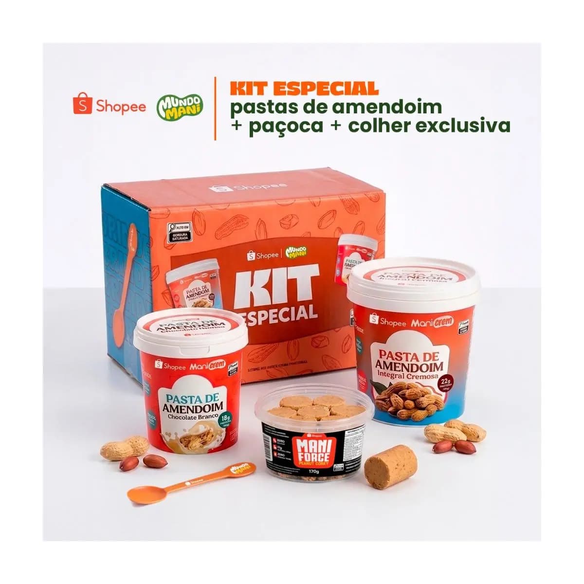 Kit 02 Pasta de Amendoim Integral e Chocolate Branco + Paçoca Collab Mundo Mani e Shopee