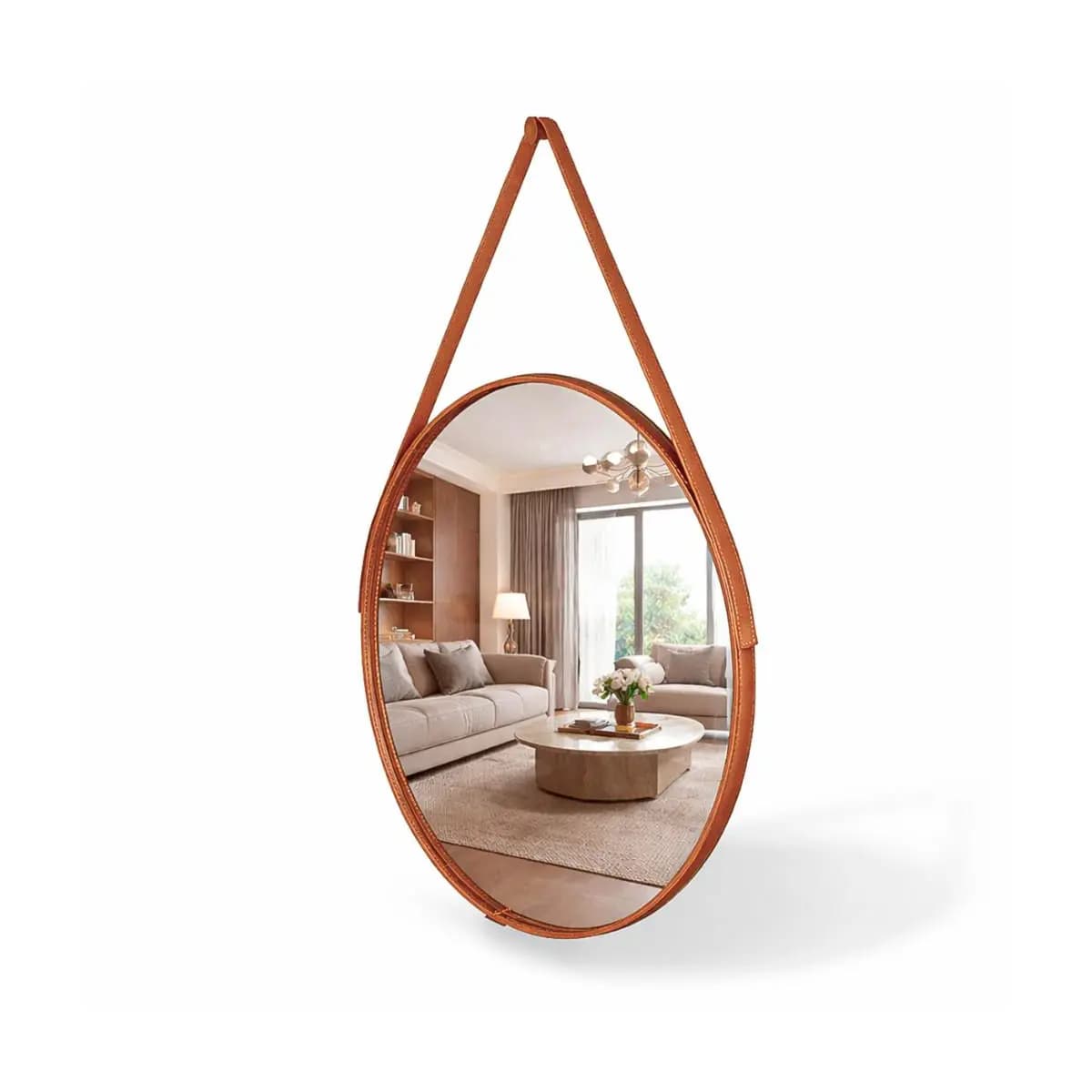 Espelho Redondo Decorativo Adnet Alça Couro Suporte 60cm Sala Quarto Banheiro