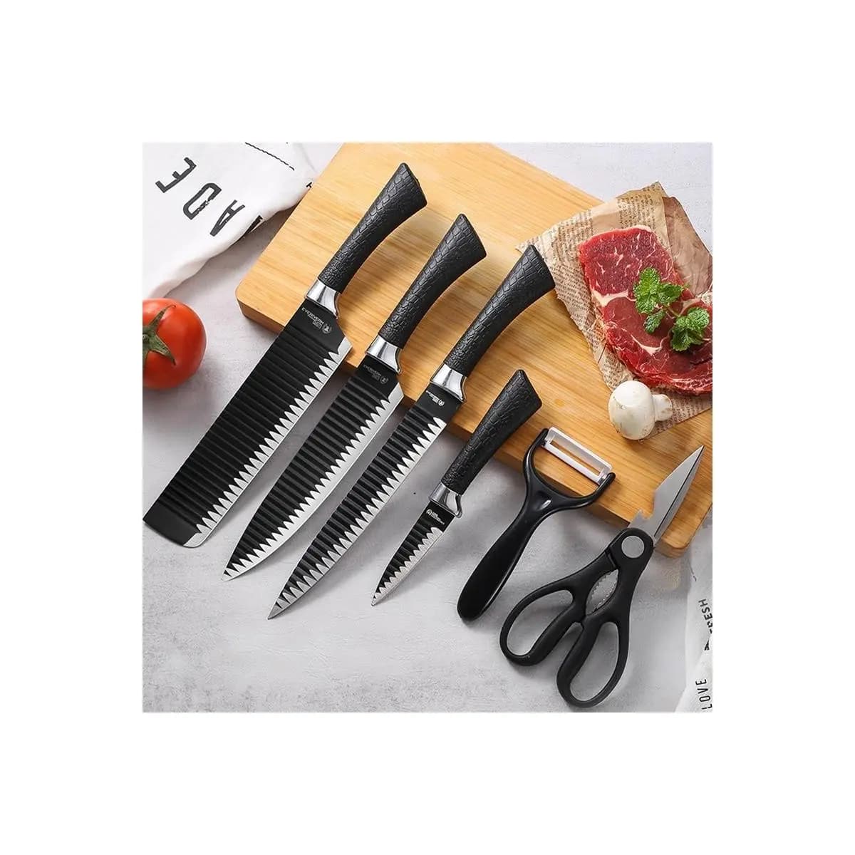 Kit 6 Peças Conjunto de Faca Carne Cutelo Legumes Aço Carbono Descascador Tesoura Profissional