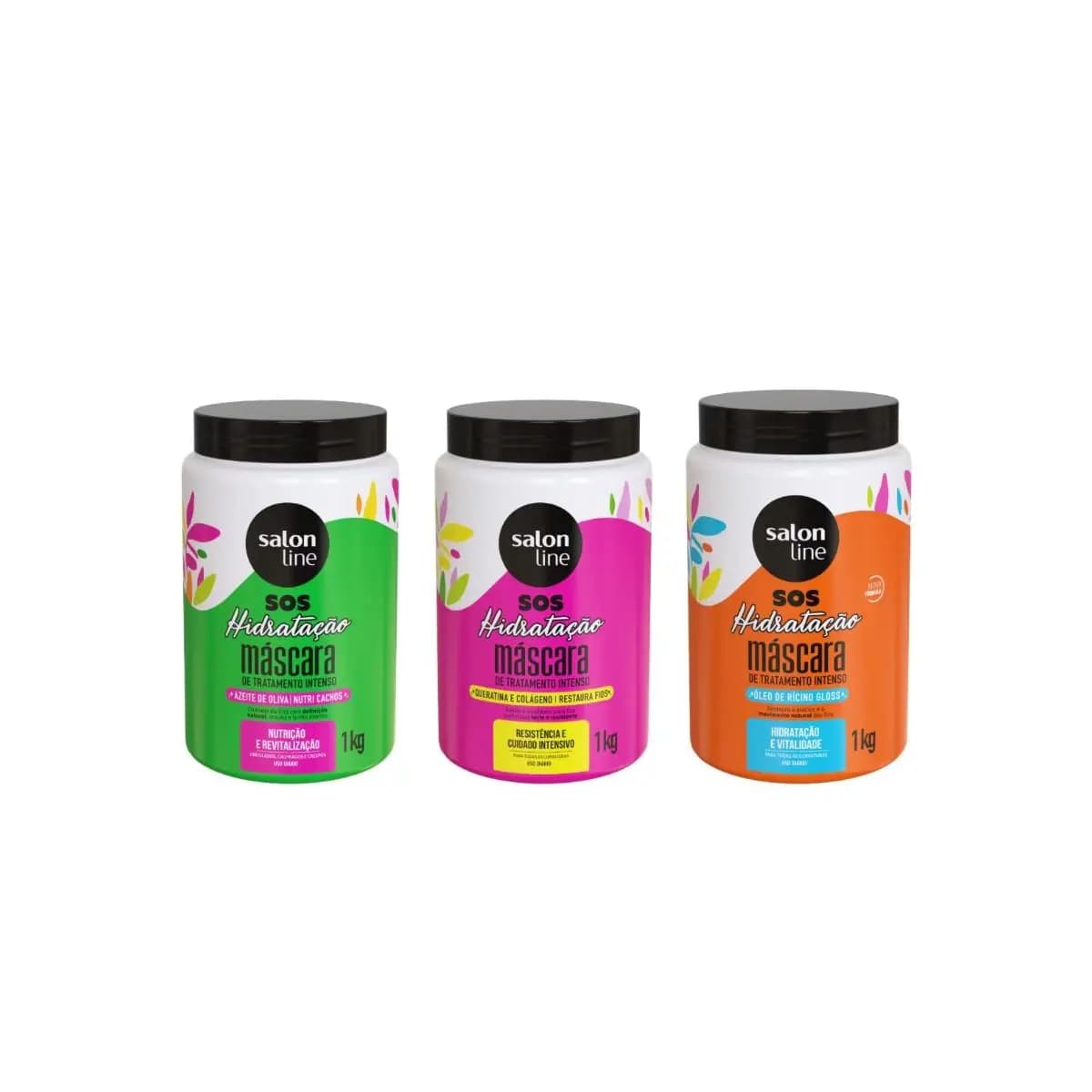 Kit com 3 Máscaras SOS Hidratação: Ultra Cachos + Turbinada + Bio-Reconstrução Salon Line
