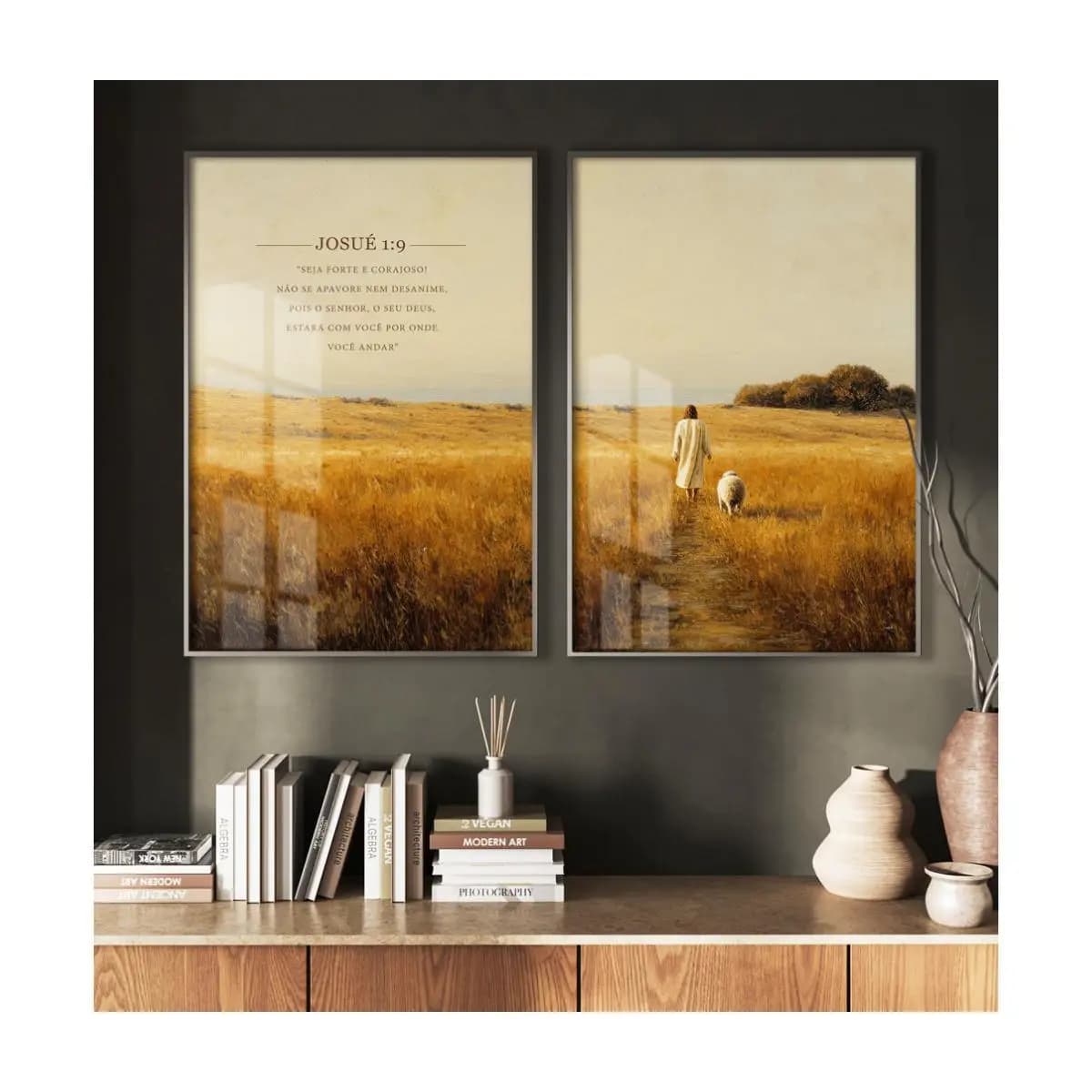 Quadros Decorativos Com Moldura Filete Sala Quarto Duo Arte Religiosa O Pastor E A Ovelha Josué 1:9