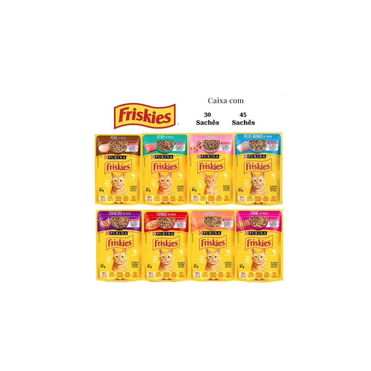 Kit 30 ou 45 Sachês Friskies Alimento Úmido Gatos Carne Frango Atum Peixe Branco Cordeiro Salmão Peru