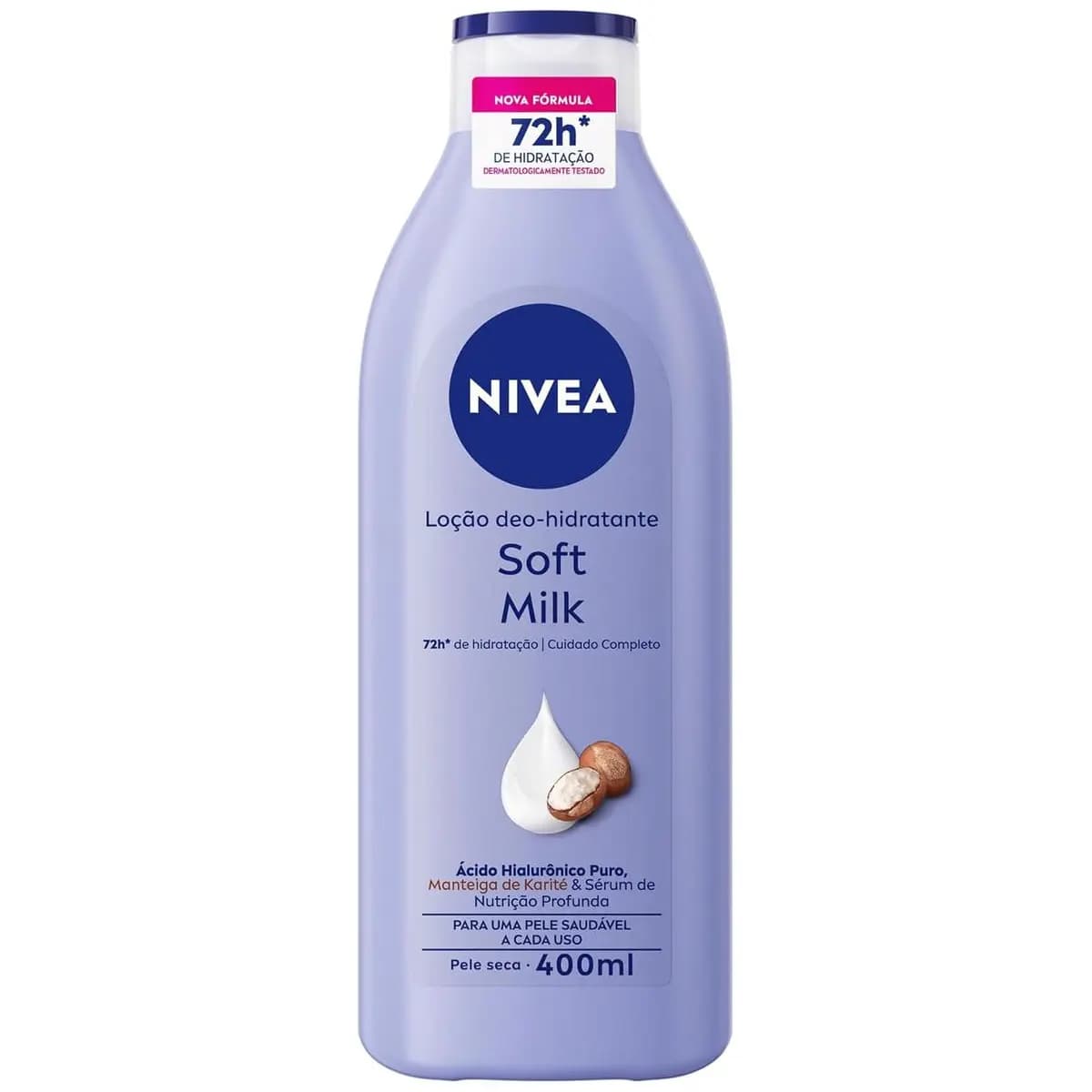 NIVEA Loção Deo-Hidratante Soft Milk 400ml, Hidratação Profunda 72h, Hialurônico Puro, Corporal, Pele Seca