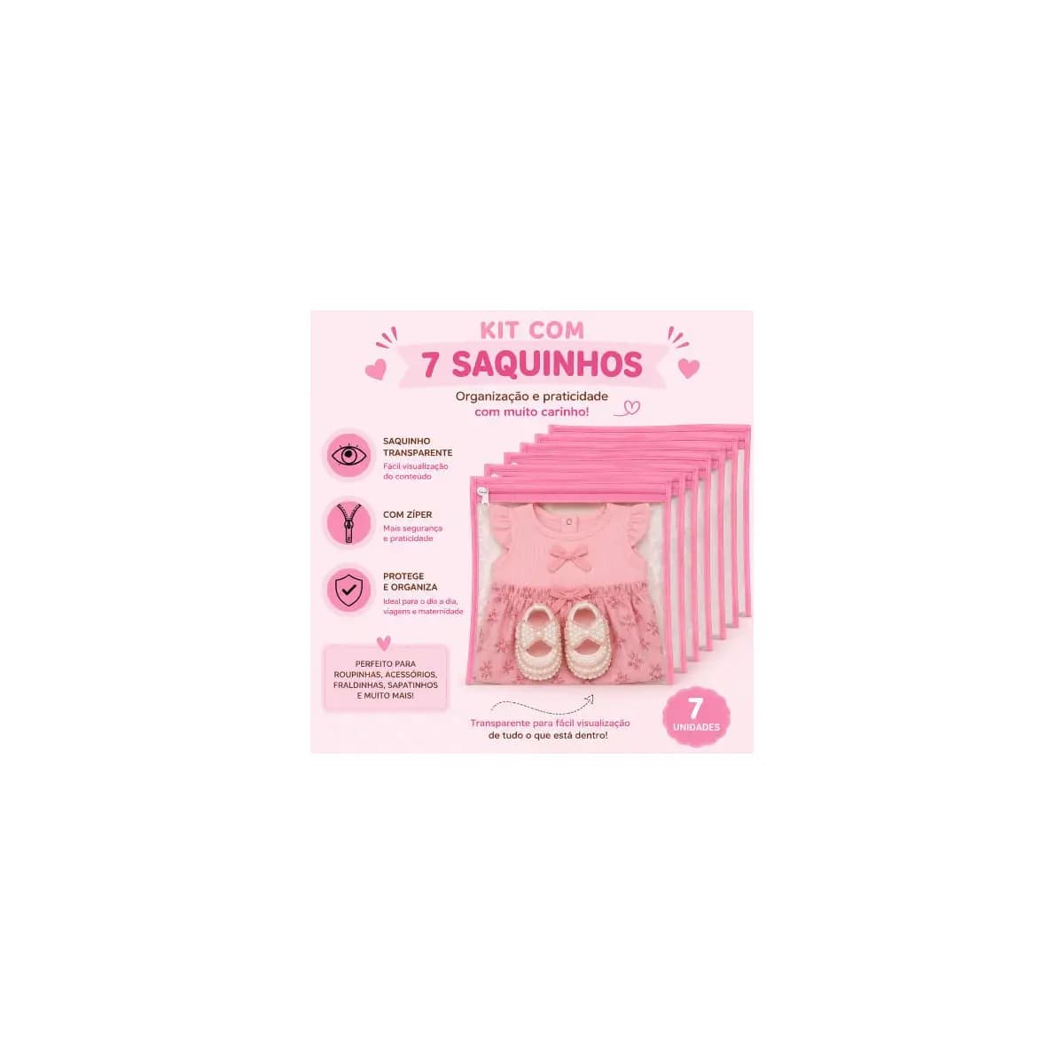 Kit 7 Saquinhos Maternidade Organizador Mala Bebê Mala/Viagem/Roupa Molhada e Seca