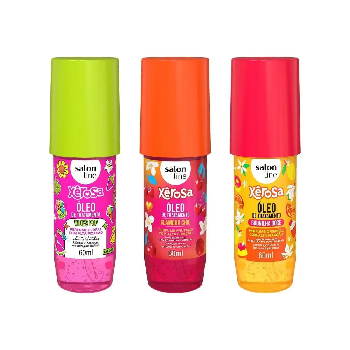 Kit com 3 Óleos de Tratamento Xêrosa Baunilha Doce, Glamour Chic e Vibes Pop