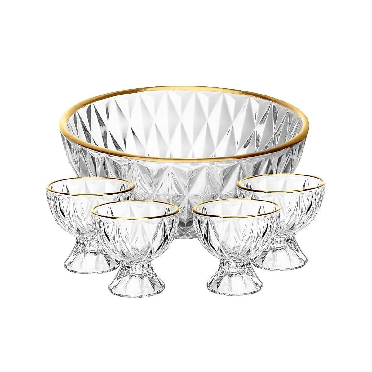 Conjunto 1 Bowl 1L e 4 Taças 120ml Diamond Lyor Cristal com Fio de Ouro para Sobremesas Doces Frutas Mousse Pavê 5 Peças