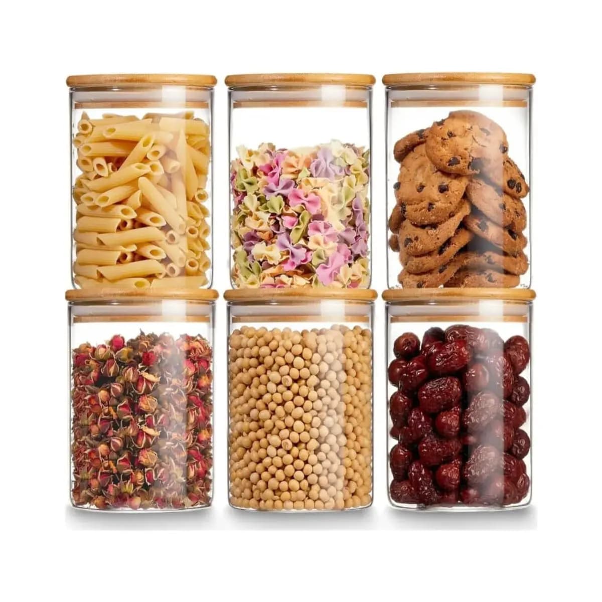 Kit 06 Potes de Mantimentos Herméticos 300ml Pote Redondo Vidro Tampa De Bambu - Ideal Para Temperos Grãos Café Açucar Snacks Condimentos | Organização Elegantes Frescos Praticos Modernos