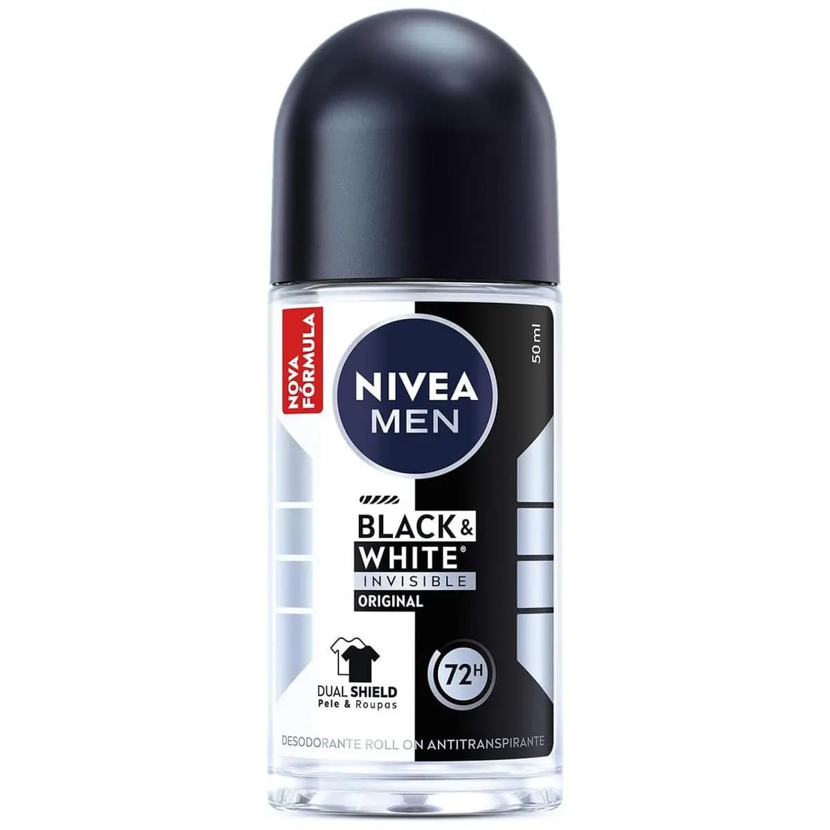 NIVEA MEN Desodorante Antitranspirante Roll On Invisible Black & White 50ml - Proteção prolongada de 48h, cuidado suave, ação antibacteriana, fórmula 5 em 1: anti-manchas, anti-odor